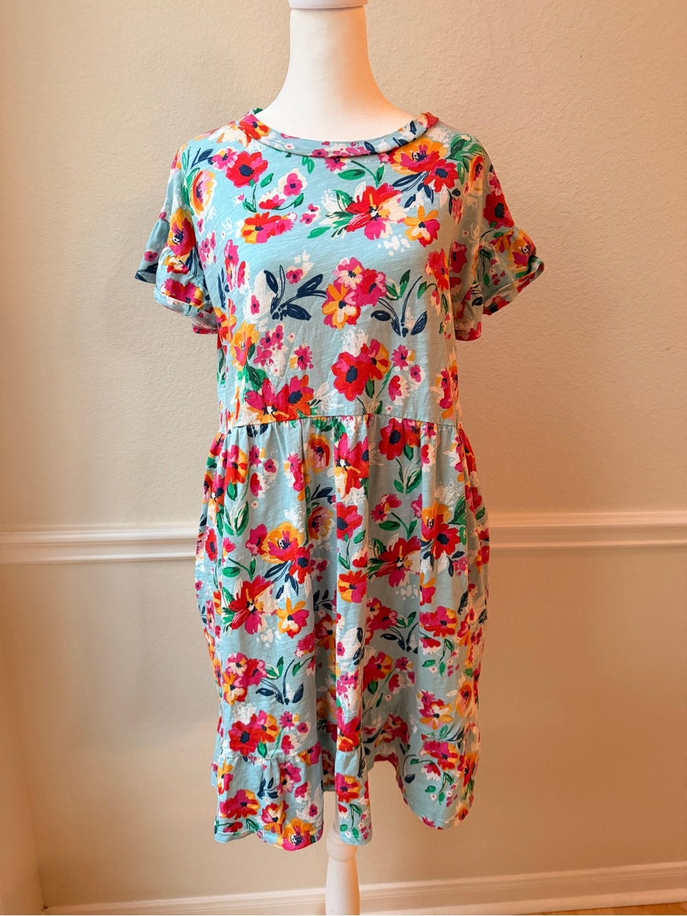 Cotton Floral Babydoll Mini Dress Ruffle Sleeve Cottagecore Prairie Coastal M‎